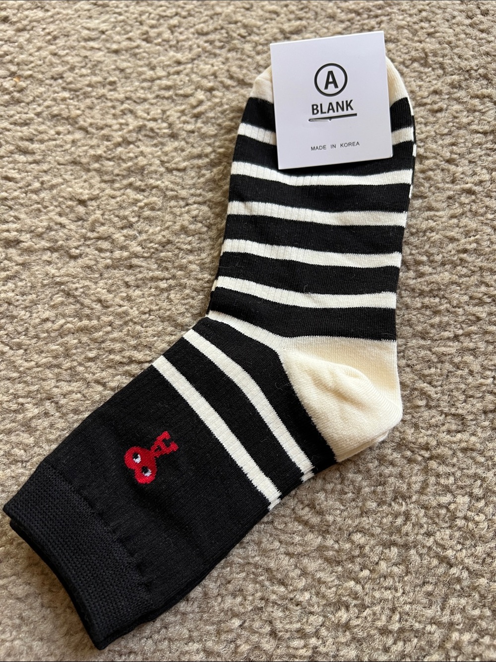 Blank Black Off White Striped Socks with Heart Face Emoji A Logo NEW Crew Tall